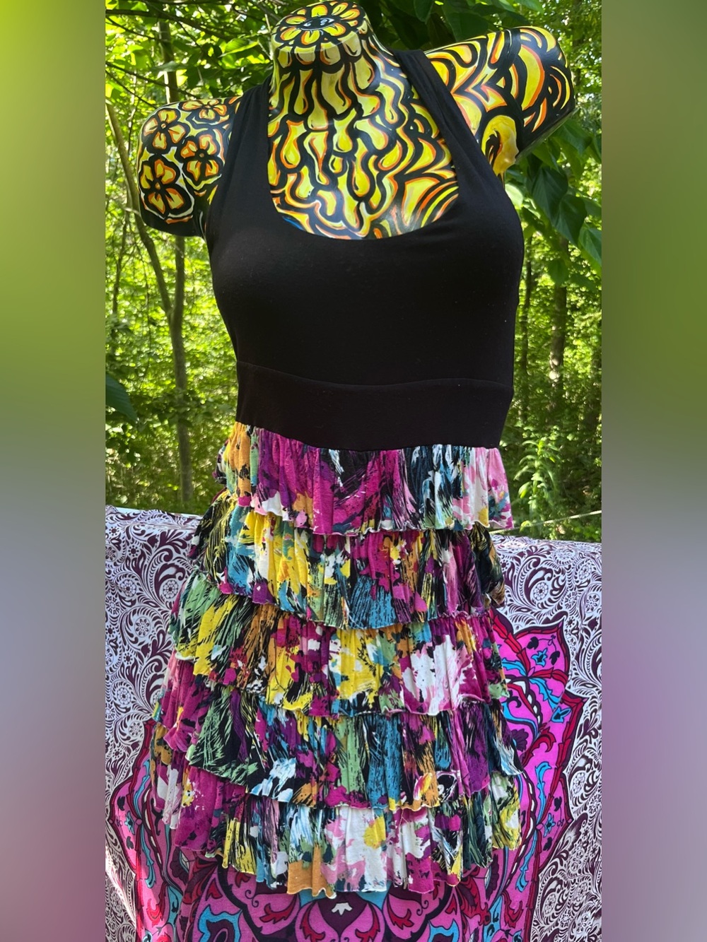 Black Tank with Multicolor Tiered Ruffle Skirt